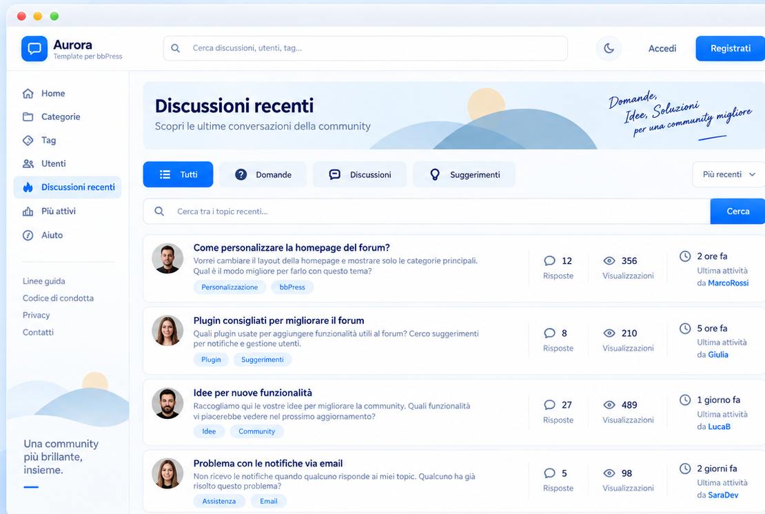 Anteprima Aurora bbPress: Topic recenti